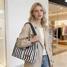 复古条纹大容量帆布手提包，轻便时尚手提包/单肩包 - 藍色 - 查看 2