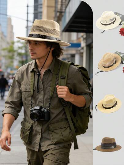 1 chiếc mũ rơm kiểu cao bồi miền Tây Bohemian màu trơn, đa năng cho mùa xuân, hè, thu, unisex.