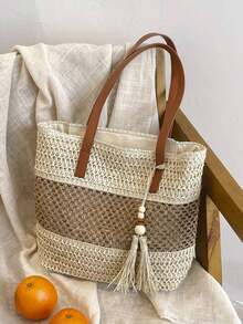 A New Stylish Vacation-Style Women's Beach Tote Bag, Lightweight Hand-Woven Straw Shoulder Bag With Contrasting Color Stripes And Tassel Decoration, Casual Woven Handbag With Zipper Closure, Perfect For Vacations And Travel, A Must-Have For Vacations, Beach Bag, Summer, Vacation, Woven Bag. - 米色 - 查看 2