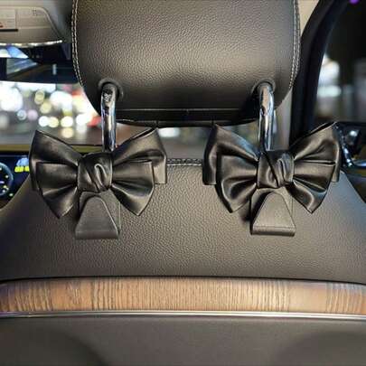 yucen 2pcs Cute Bowknot High-End Leather Car Seat Back Hook, Multifunctional Car Interior Storage Small Hanger, DIY For Women