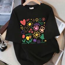Camiseta Infantil 100% algodão estampa pintura de jardim blusinha infantil para meninas - Preto - Visão 1