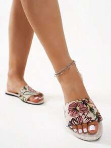 Flat Women Slippers Sandals, Minimalistic Elegant Flat Flower Printed Strap Slip-On,Spring Summer Outfits - Màu be - Xem 4