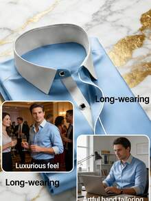 2026 春季男士修身长袖衬衫，浅蓝色撞色白色领口方扣水钻商务休闲衬衫 - 淺藍色 - 查看 6