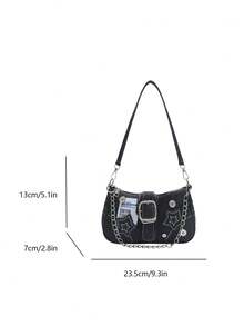 韩版极简星形牛仔腋下包，新款时尚小众新月形帆布手提包，个性化链条单肩包 - 黑色 - 查看 4