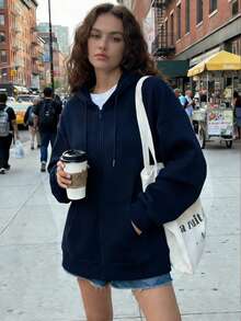 新款基础款藏蓝色拉链连帽抽绳宽松卫衣，女款，秋冬款 - 藏蓝色 - 查看 9