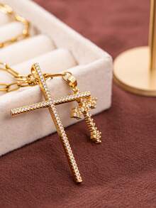 1件套奢华女士项链，配有大十字架吊坠和小十字架吊坠，不锈钢简约百搭信仰项链，是生日、周年纪念日和节日送给信徒、家人和朋友的理想礼物。 - 彩色 - 查看 1