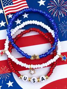 3pcs Fashionable Beaded Geometric Letter & USA Star Pendant Set, Asymmetrical Shape With Rice Shaped Beads, Good Friends Bracelet For Women's Party, Independence Day - 彩色 - 查看 1