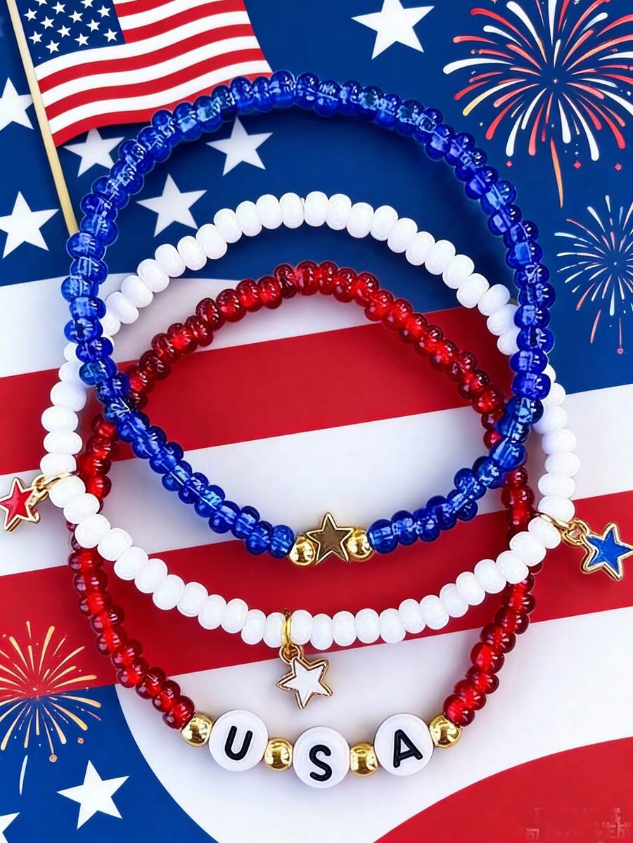 3pcs Fashionable Beaded Geometric Letter & USA Star Pendant Set, Asymmetrical Shape With Rice Shaped Beads, Good Friends Bracelet For Women's Party, Independence Day - 彩色 - 查看 1