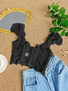 一件性感时尚黑色蕾丝透视束身胸衣 - Y2K美学镂空上衣，适合派对、约会和度假穿着 - 黑色 - 查看 7