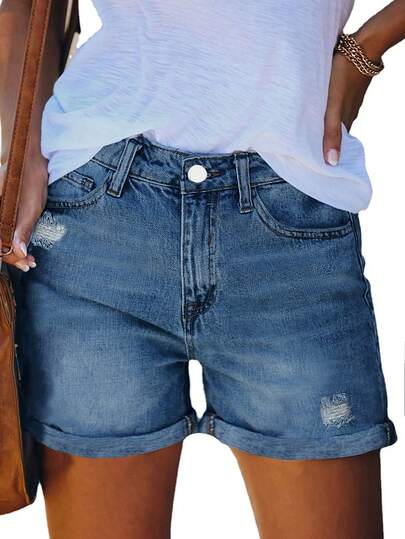 Women's Solid Color Casual Loose Cuffed Denim Shorts, Versatile Daily Wear Summer