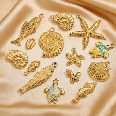 Juego de 5 piezas con temática oceánica: Acero inoxidable con enchapado en oro de 18K, colgantes de criaturas marinas en 3D (pez / estrella de mar / tortuga marina / concha) Kit de joyería DIY para pulsera y collar, perfecto para vacaciones de verano en la playa