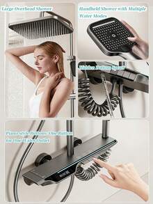 数字显示钢琴键淋浴系统，壁挂式12英寸雨淋式花洒套装，高压手持喷头，无需电源的浴室配件 - 深灰色 - 查看 3