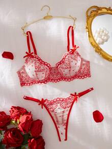 2pcs/Set Women's Sexy Lingerie, Red Lace Floral Bra Set With Adjustable Straps - Red - View 3
