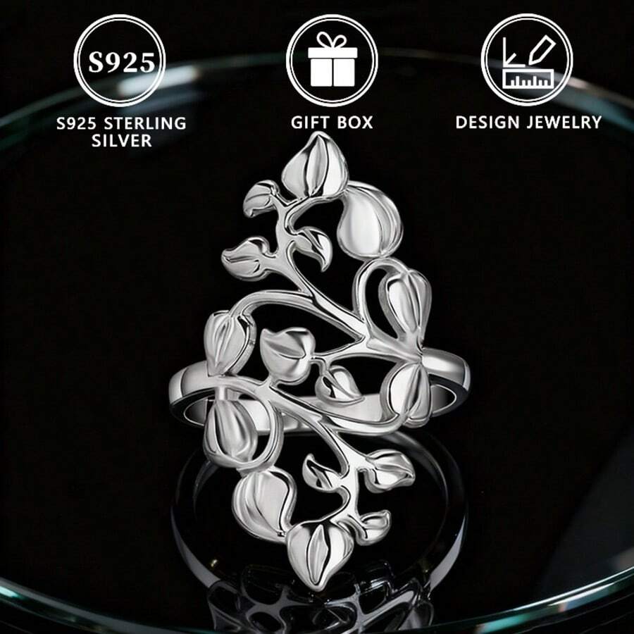 S925 Silver Leaf Design Ring For Women, Minimalist Style Gift