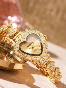 1件装女士心形水钻金色钢带休闲学生石英腕表，韩版 - 均碼 - 查看 1
