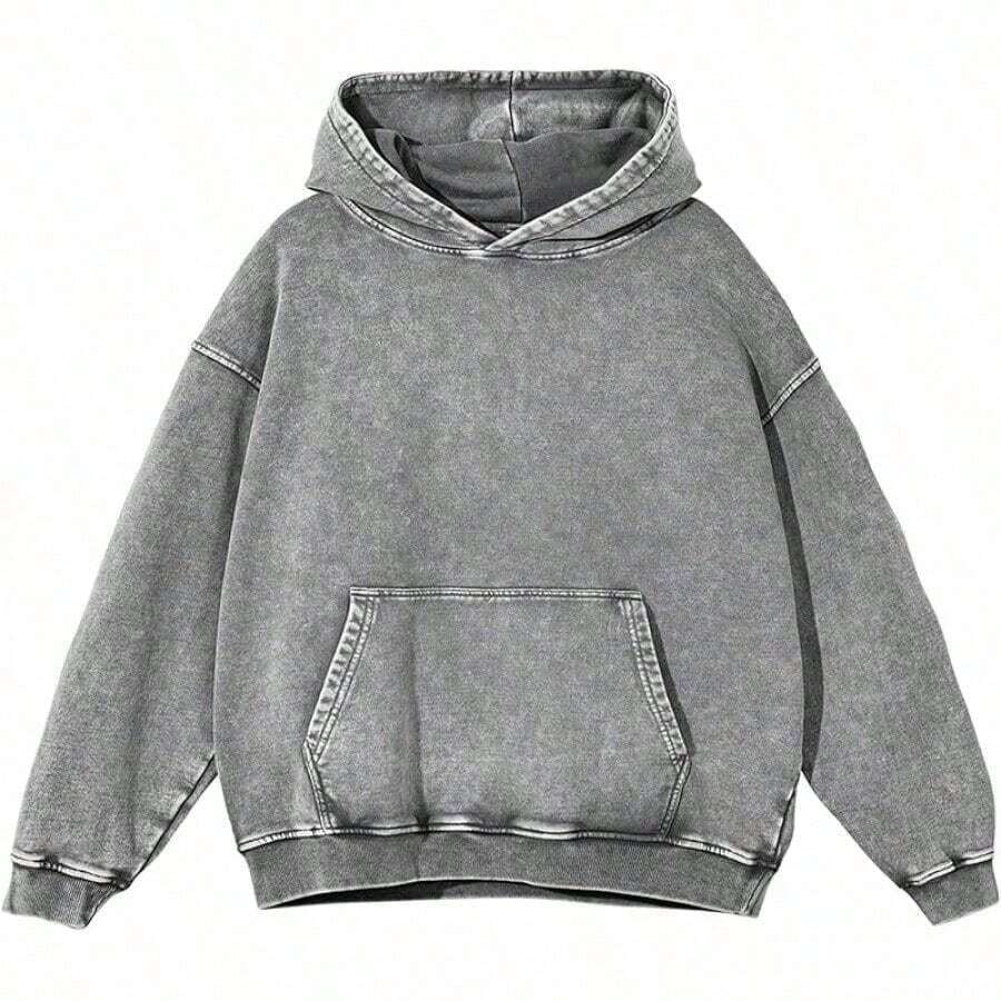 Men's Washed Distressed Pocket Hoodie Vintage Oversized Hoodie Acid Wash Cotton Pullover Hoodies For Streetwear Sweatshirts - Street Fashion - 灰色 - 查看 1