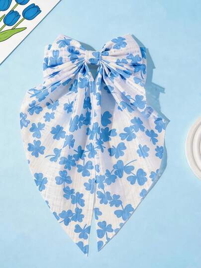 1 pieza Clip de pelo con lazo de cinta de trébol azul fresco para niñas, adecuado para vacaciones, fiestas, combinación de atuendos, salidas familiares y talla grande