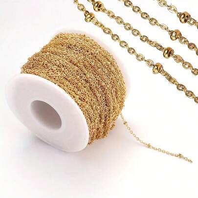 1卷5/2米不锈钢珠链，金色珠子，适用于制作脚链、项链、手链等DIY饰品，金色，可选1米/袋