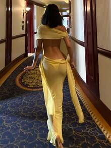 Women's Solid Color Backless Open Shoulder Fitted Sheer Mesh Sexy Dress Elegant Party Summer Yellow - Yellow - View 2