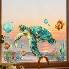 Summer Ocean Window Sticker, Self Adheisve Single Use Under Ocean Turtle Fish Glass Stickers Window Clings Wild Decals For Home Glass Door Office Decor 1pc - A - View 4
