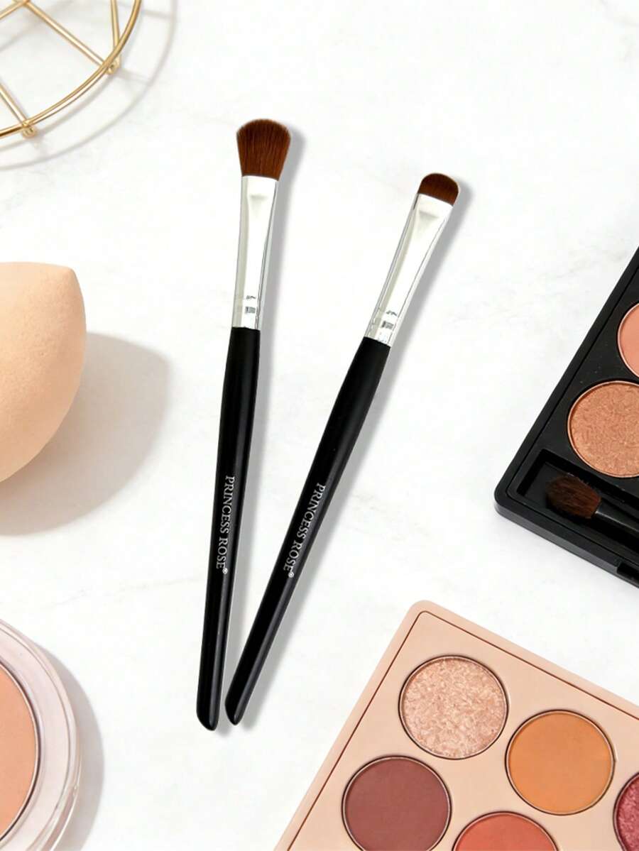 Princess Rose 2件套眼部化妆刷套装 - 柔软蓬松的眼影刷和专业的遮瑕高光刷，合成刷毛，用于精准眼妆、晕染和轮廓修饰 - 黑色 - 查看 1