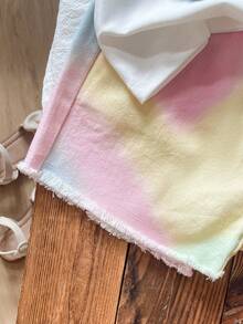 Young Girl' Fashionable Casual Cute Set, Floral Tee + Multi-Color Fringe Denim Shorts - White - View 7