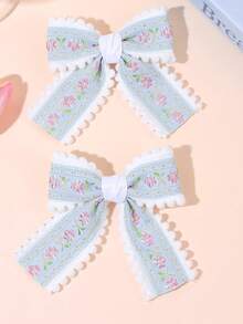 2pcs/Set Girls' Blue Floral Embroidery Bow Hair Clips, Suitable For Spring/Summer Daily Wear, Teenage Hair Accessories - Multicolor - View 6