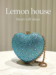 1个闪亮迷人的蓝色水钻心形手拿包，可爱迷你心形亮片不对称晚宴包，适合女性、婚礼、派对、庆典等场合。 - 藍色 - 查看 5