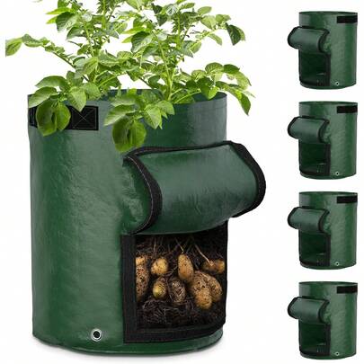 Bộ 4 túi trồng rau củ 10 gallon có nắp và tay cầm, chậu trồng bằng vải thoáng khí, túi trồng rau củ chắc chắn dùng cho cà chua, trái cây, cà rốt, hành tây, khoai tây, dâu tây và các loại rau khác (màu xanh lá cây)