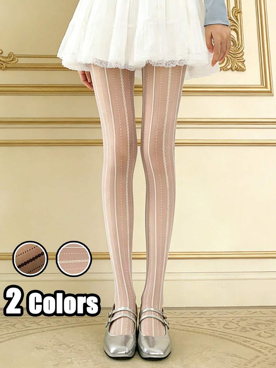 洛丽塔甜美蕾丝条纹长筒袜，优雅波点透明连裤袜 - 彩色 - 查看 1