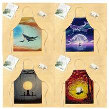 1pc Whale & Swing Pattern Apron, Creative Funny Fashionable Printed Apron, Kitchen Cooking Cleaning Apron, Innovative Home Apron - Multicolor - View 1