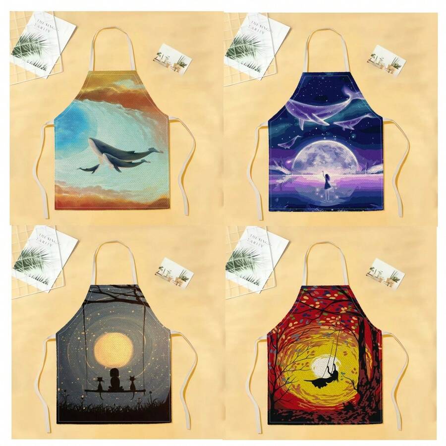 1pc Whale & Swing Pattern Apron, Creative Funny Fashionable Printed Apron, Kitchen Cooking Cleaning Apron, Innovative Home Apron - Multicolor - View 1