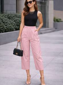 Pantalón dama mujer cintura elástica delgado y fresco para verano de moda casual unicolor - Rosa - Ver 3