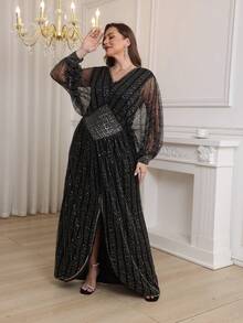 JINLICX Vestido de dama de honor holgado, elegante, bordado con perlas y brillante, adecuado para recepciones de bodas y fiestas - Negro - Ver 5