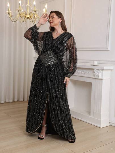 JINLICX Luxury Black Small V-Neck Beaded Dress