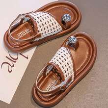 1双银色人字带女童休闲漂亮平底凉鞋，白色防滑沙滩鞋 - 米色 - 查看 6