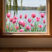 1pc 30x60cm Spring Turmeric Glass Sticker, Delicate Hand-Painted Floral & Butterfly Pattern, Pink & Green Color, Creates Fresh & Healing Home Decor - Multicolor - View 2