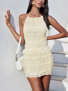 Women Sexy Smocked Two Piece Outfits Y2k Bubble Mini Skirt Set Ruched Halter Tops Sleeveless Backless Camisole Crop Tank Tops And Lace Trim Pleated Ruffle Short Skirts Sets Summer Beach Vacation Party Club Streetwear - Màu be - Xem 3