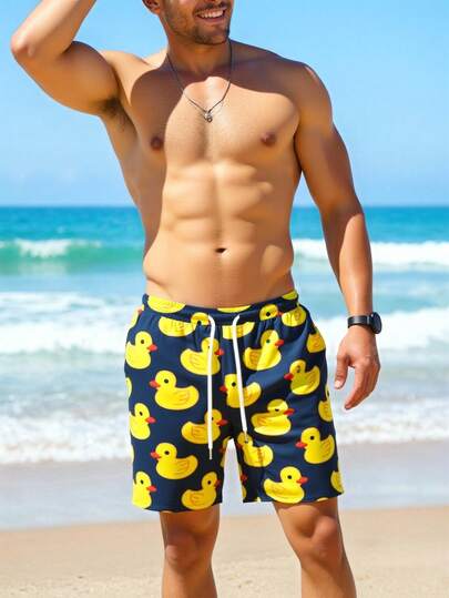 男士3D数码印花鸭子图案休闲沙滩短裤，抽绳腰带，轻薄单层设计，适合夏季户外度假和日常休闲穿着。