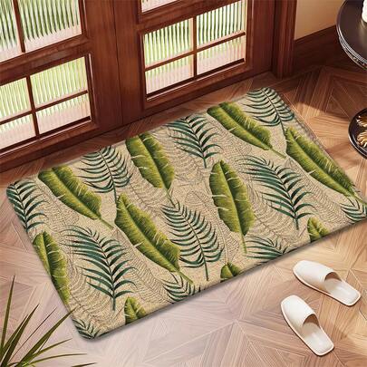 1pc Tropical Plant Pattern Printed Linen Kitchen Rug, Bathroom Mat, Doormat, 3D Printed Rectangle Carpet For Living Room, Bedroom, Hallway, Bathroom, Laundry Room - Polyester Rug, Suitable For Indoor And Outdoor Home Decor
