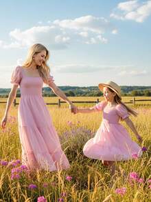 Bohemia Women's Off Shoulder Maxi Dress  Ruffle Dress - Matching Family Outfits - Yellow Smocked Tiered Dresses For Summer - Pink - View 2