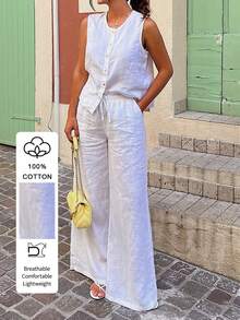 PoPoHouse 女士 100% 纯棉两件套，无袖纽扣门襟上衣搭配宽松阔腿裤，适合日常休闲办公通勤、夏季海滩度假外出穿着，白色套装 - 白色 - 查看 5