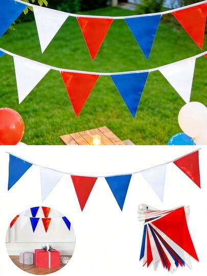 50 piezas/25 piezas Guirnalda de banderines triangulares de colores, banderas de bunting vibrantes adecuadas para ceremonia de inauguración, graduación, fiesta de cumpleaños, boda, decoración de jardín al aire libre, decoración de fiesta, celebración de aniversario al aire libre y otros festivales. Estas banderas triangulares patrióticas rojo, blanco y azul añaden un ambiente festivo y animado a cualquier ocasión.