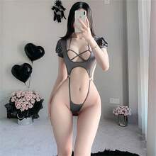 Ladies Sexy V Neck Fun Nightdress Underwear Anime Lingerie Cosplay Bodysuit Tie Top Set - Xám 996 - Xem 2