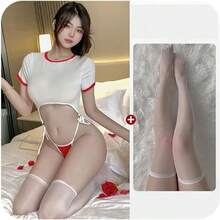 Ladies Sexy V Neck Fun Nightdress Underwear Anime Lingerie Cosplay Bodysuit Tie Top Set - 白色,紅色和長襪 - 查看 8