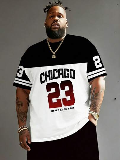 Casual T-shirt met ronde hals voor heren in grote maten, gemaakt van comfortabele en ademende polyester gebreide stof, met een modieuze "CHICAGO 23 NEVER LOOK BACK" graphic in kleurverloop, een uniek casual streetstyle design.
