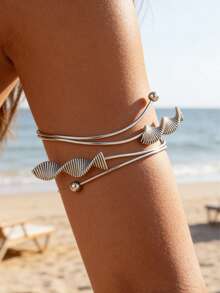 1pc Silver Wavy Shell Armband, Bohemian Gold Summer Beach Style Adjustable Stainless Steel Arm Cuff For Women - Silver - View 10