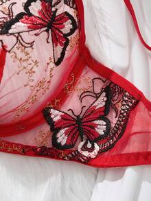 女士两件套红色蝴蝶刺绣薄纱网眼钢圈文胸和丁字裤内衣套装 - 紅色 - 查看 5