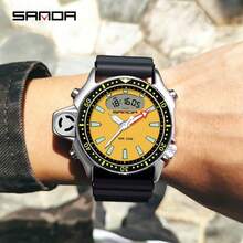 SANDA. SANDA Men's Retro Sports Electronic Watch, Dual Display Dial, Multi-Function Digital Wristwatch, Suitable For Outdoor And Daily Wear - Silver - View 3