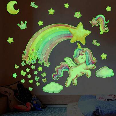 1 pieza Pegatinas de pared con unicornio que brilla en la oscuridad y mariposa arcoíris - Calcomanías reutilizables de PVC para dormitorio, sala de estar y decoración del hogar, con estrellas y nubes